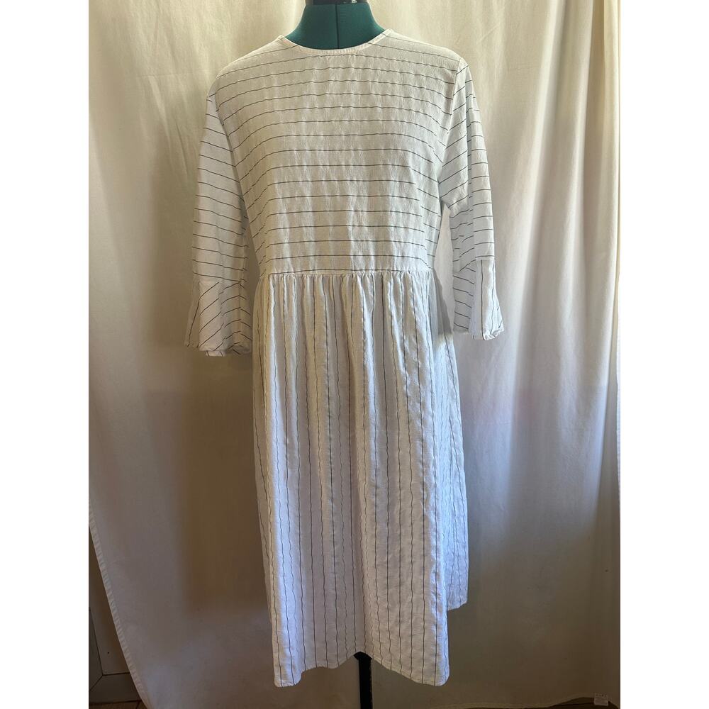 White Striped Cotton Midi Dress – Size Large | Bell Sleeve Cottagecore Dress - Picture 5 of 9